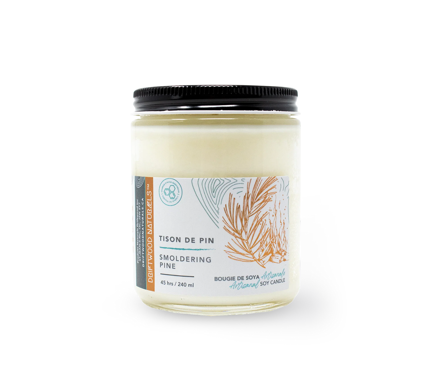 Candle jar with a label on a white background