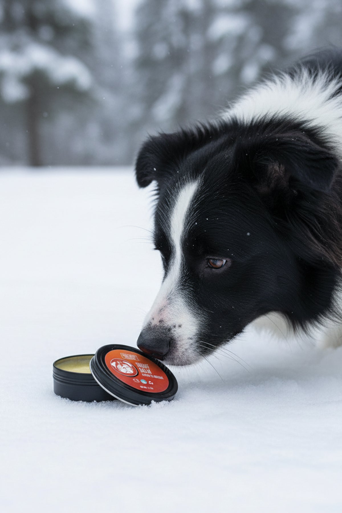 Dog sniffing a product in the snow