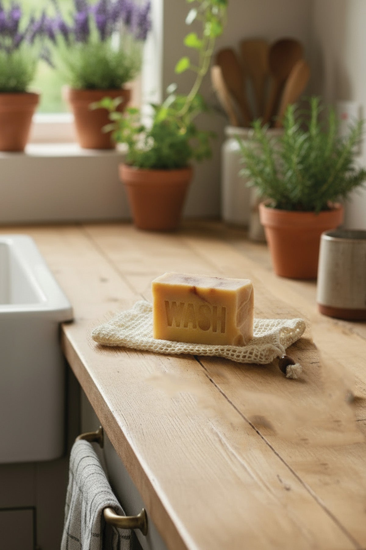 Bar of soap on a wooden surface with plants in the background