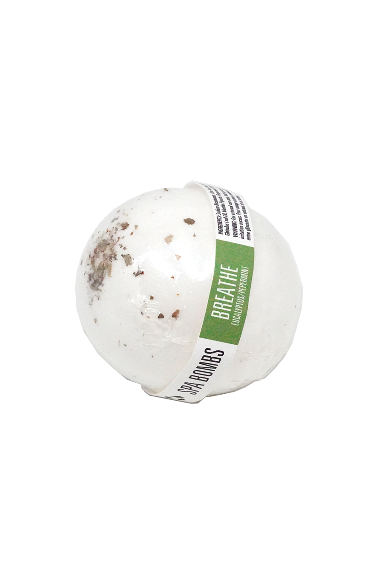 Bath bomb with a green label on a white background