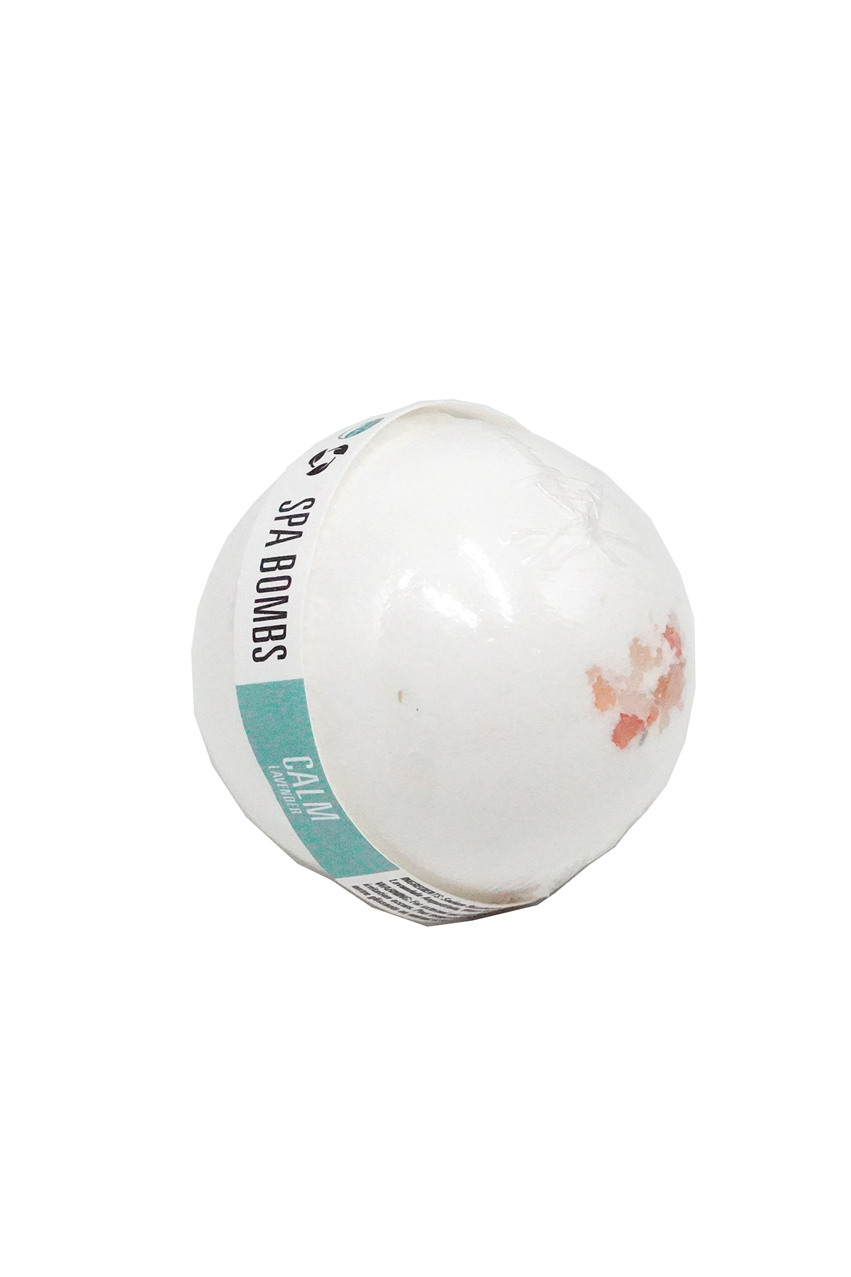 White bath bomb with branding on a white background