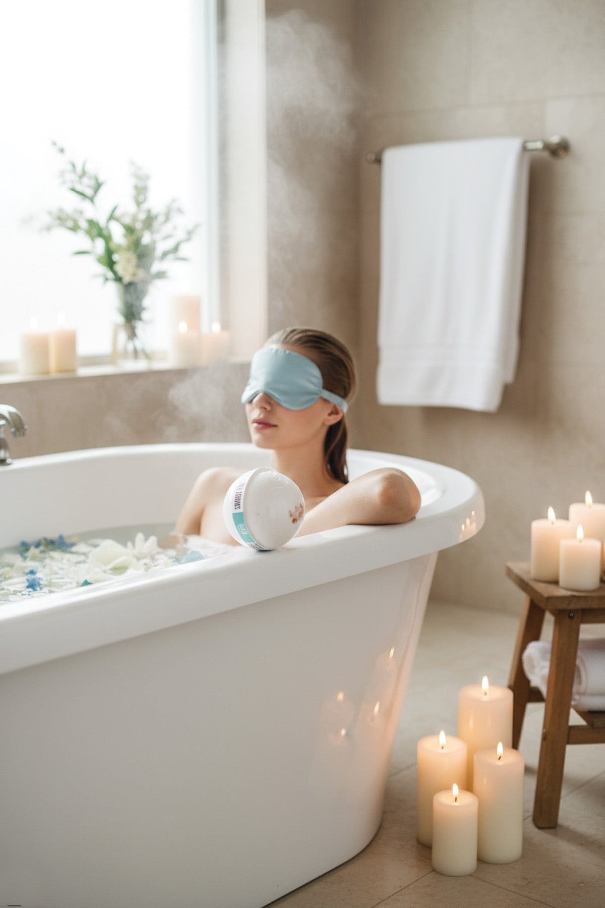 Woman relaxing in a bathtub with candles and a steamy atmosphere
