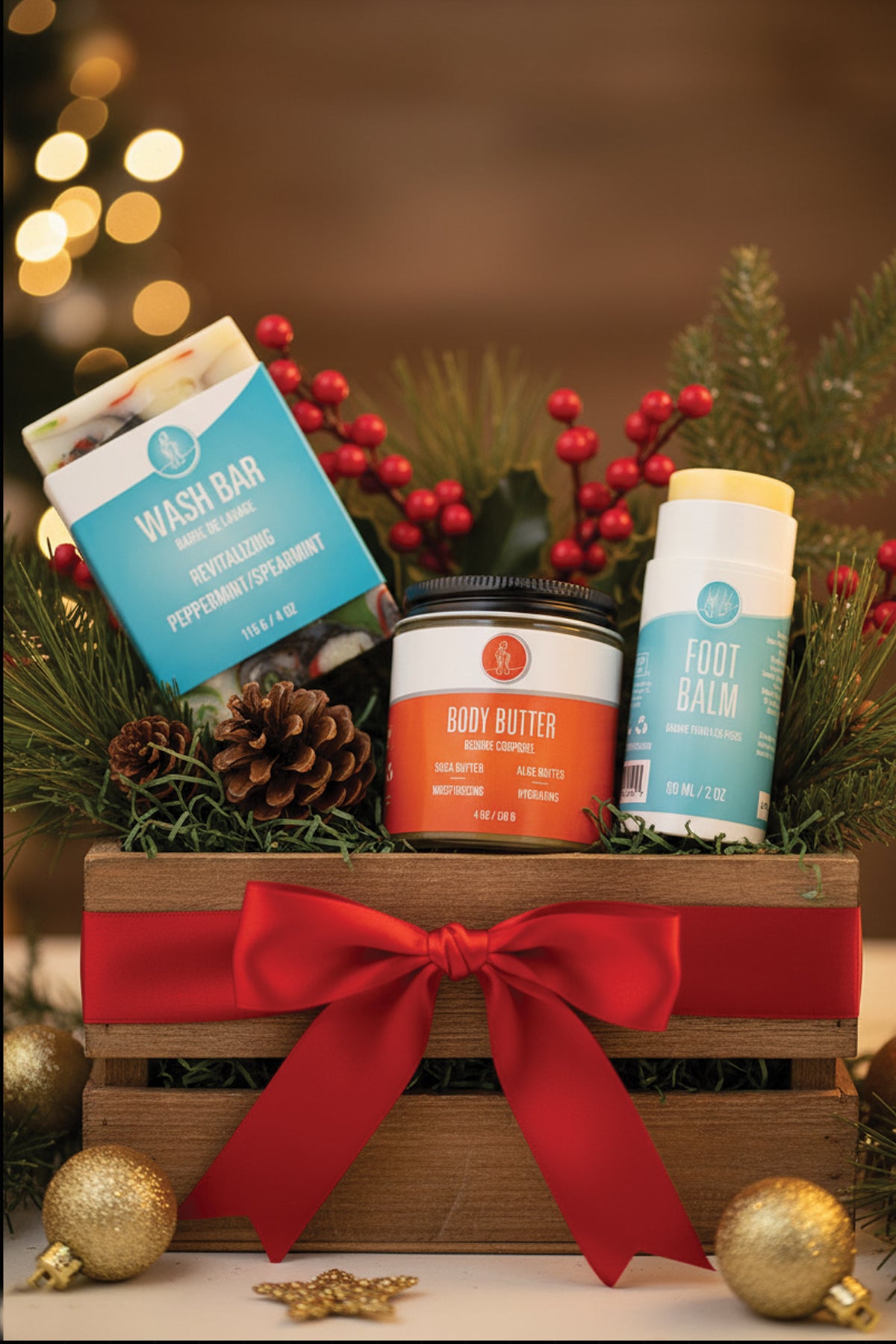 Gift basket with body care products and festive decorations on a wooden surface.