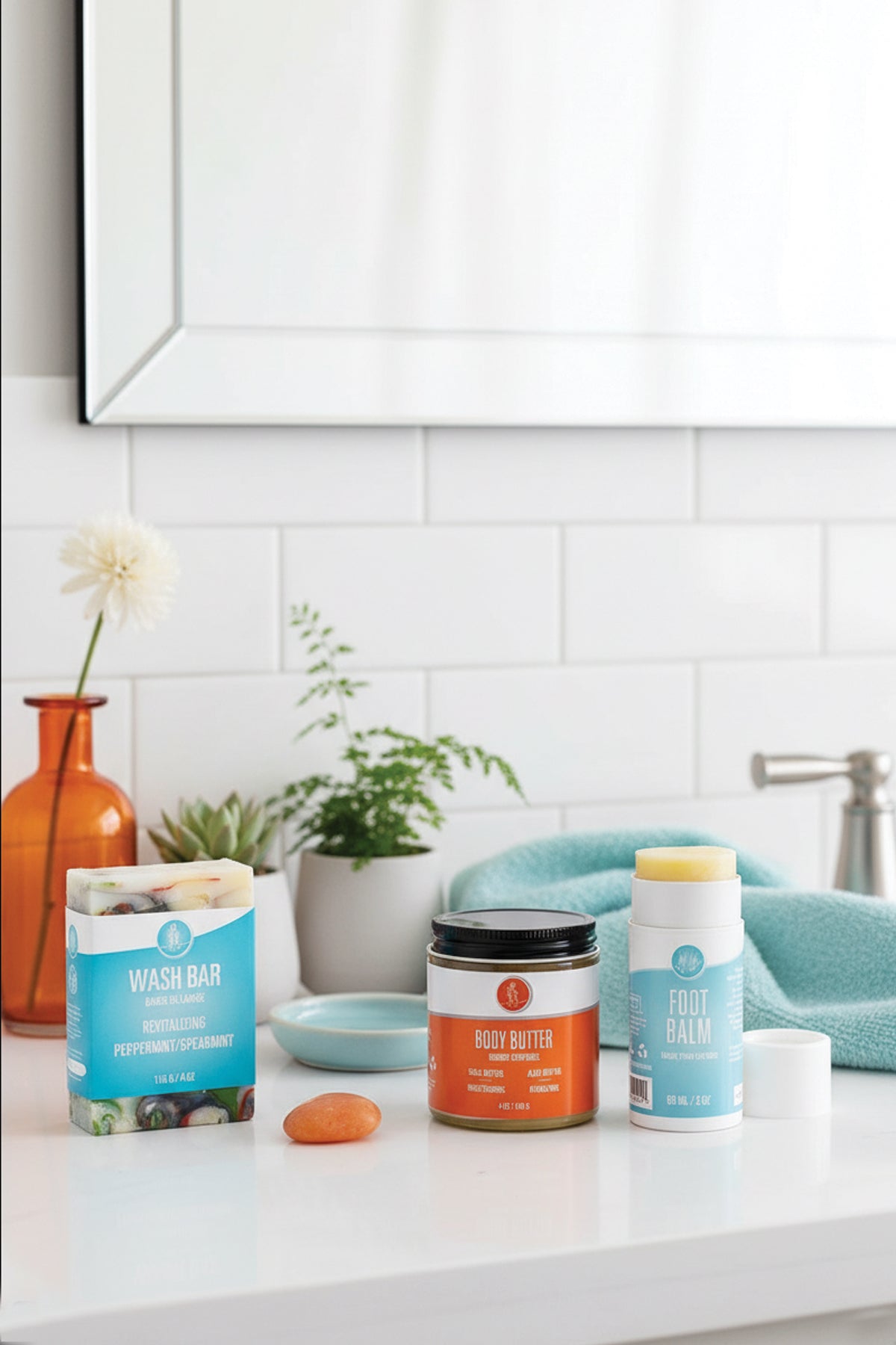 Bathroom counter with skincare products including a jar, bar, and bottles.