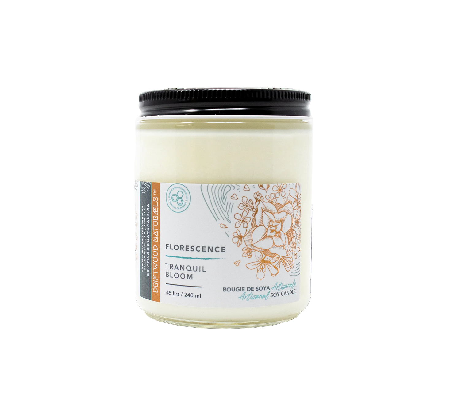 Candle jar with a label on a white background