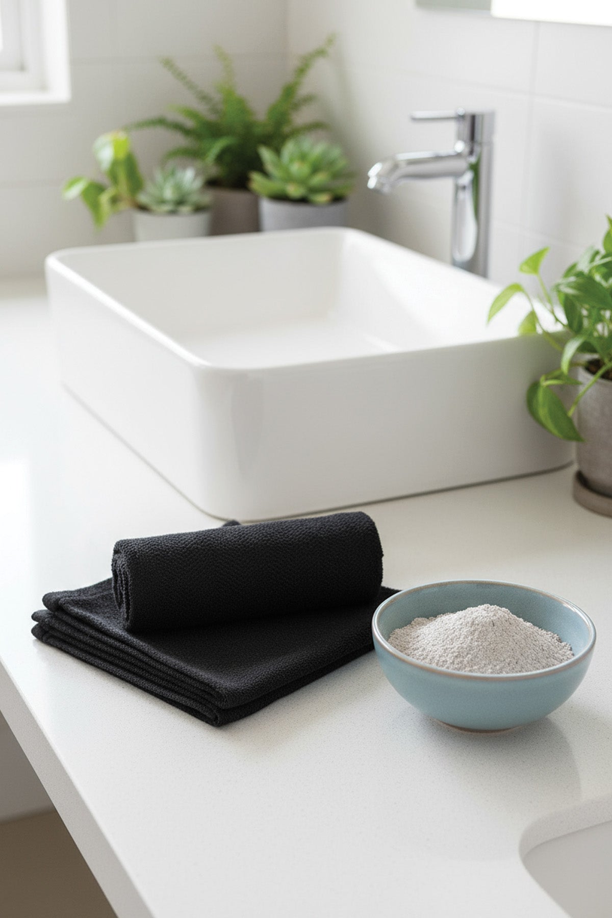 White sink with black towels and a bowl of powder on a white countertop.