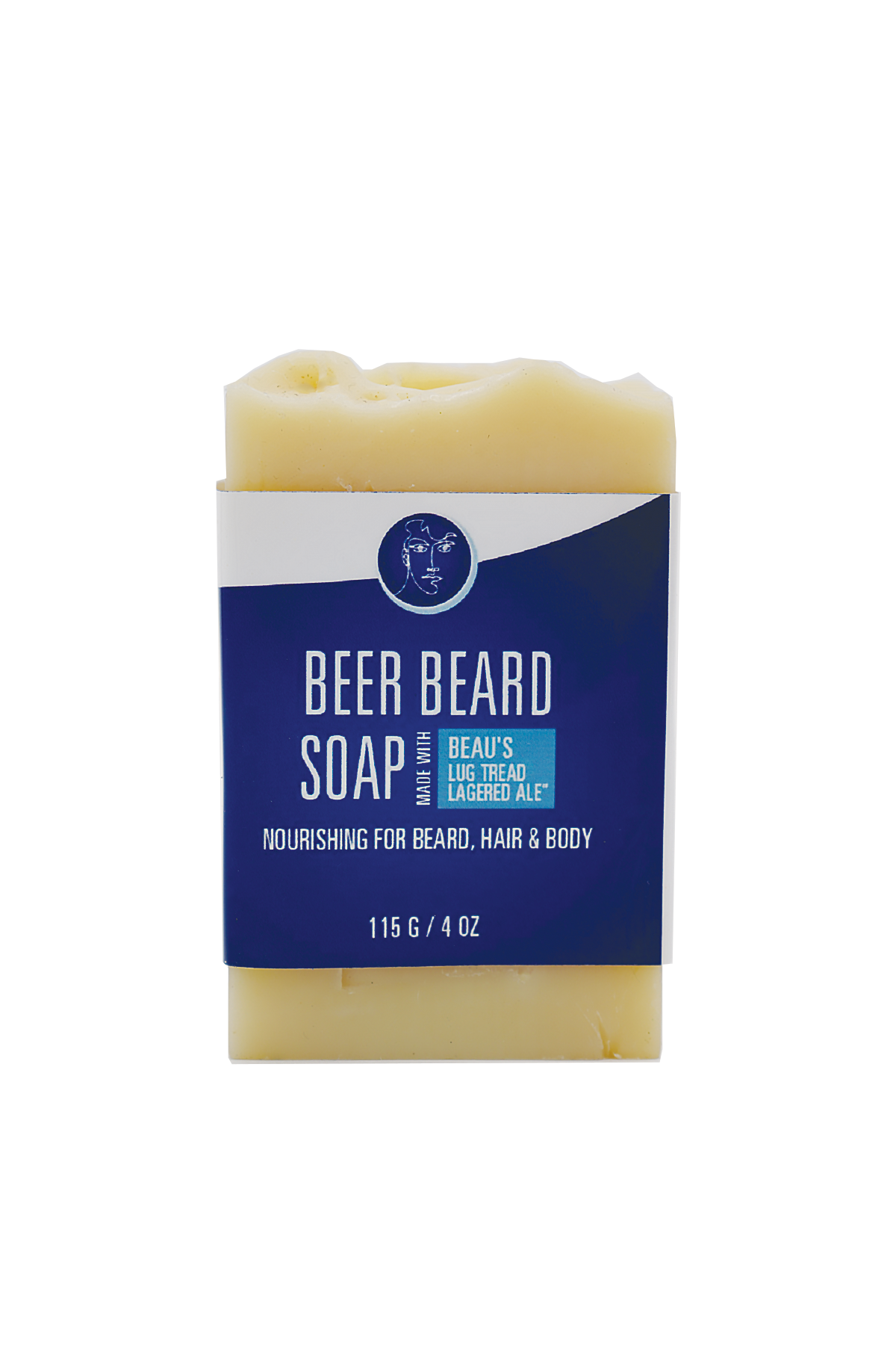Bar of beer beard soap with a blue label on a white background, Pure Heart Essentials