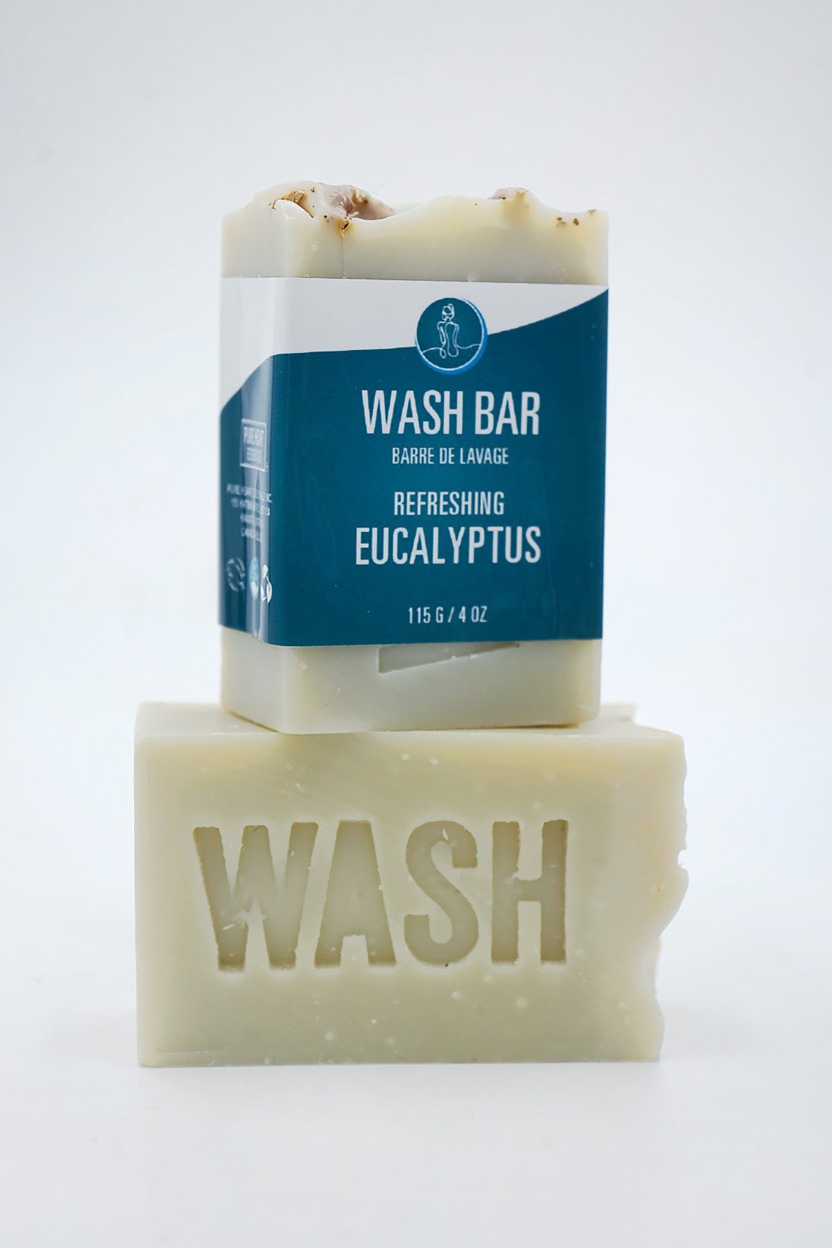 Wash bar with a blue label on a white background