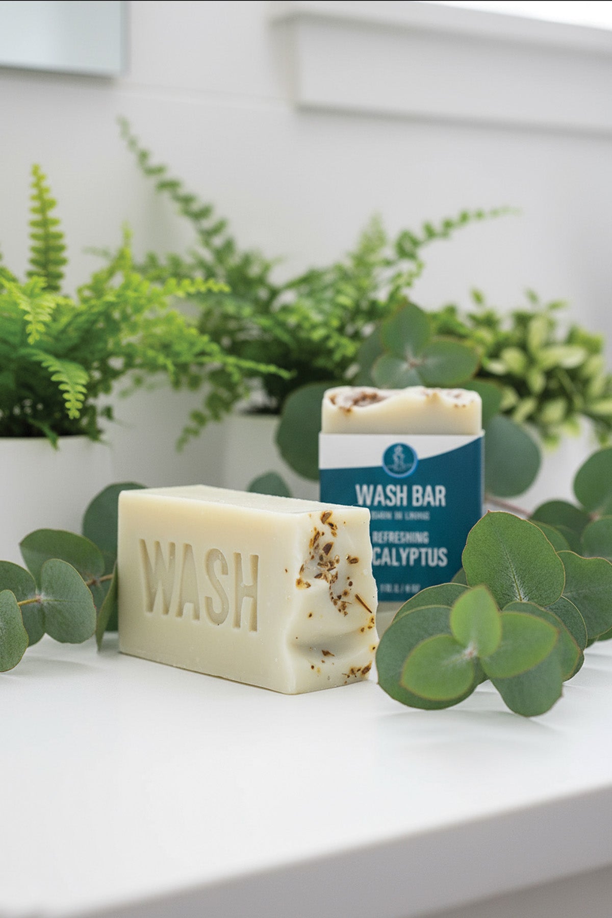 Two soap bars, one labeled 'WASH' and the other 'WASH BAR Eucalyptus', on a surface with greenery in the background.