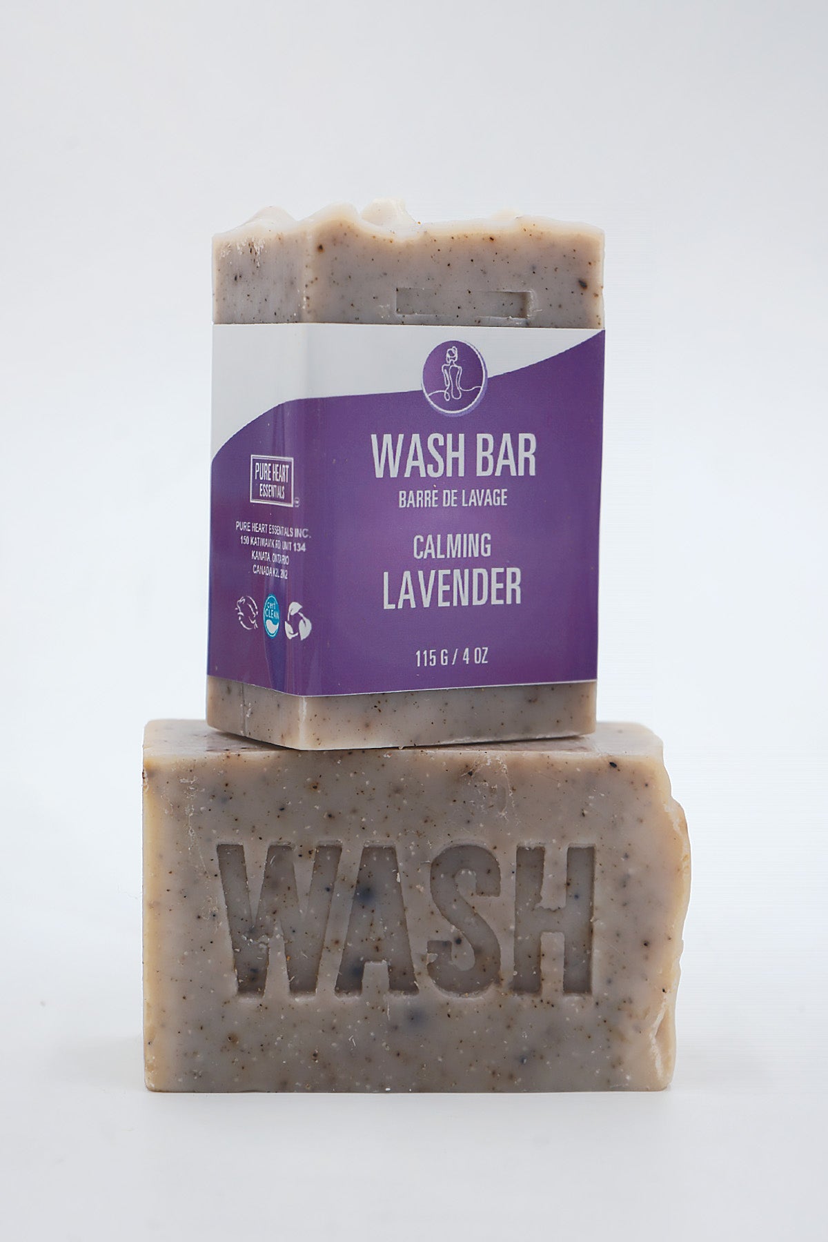 Wash bar with a purple label on a white background
