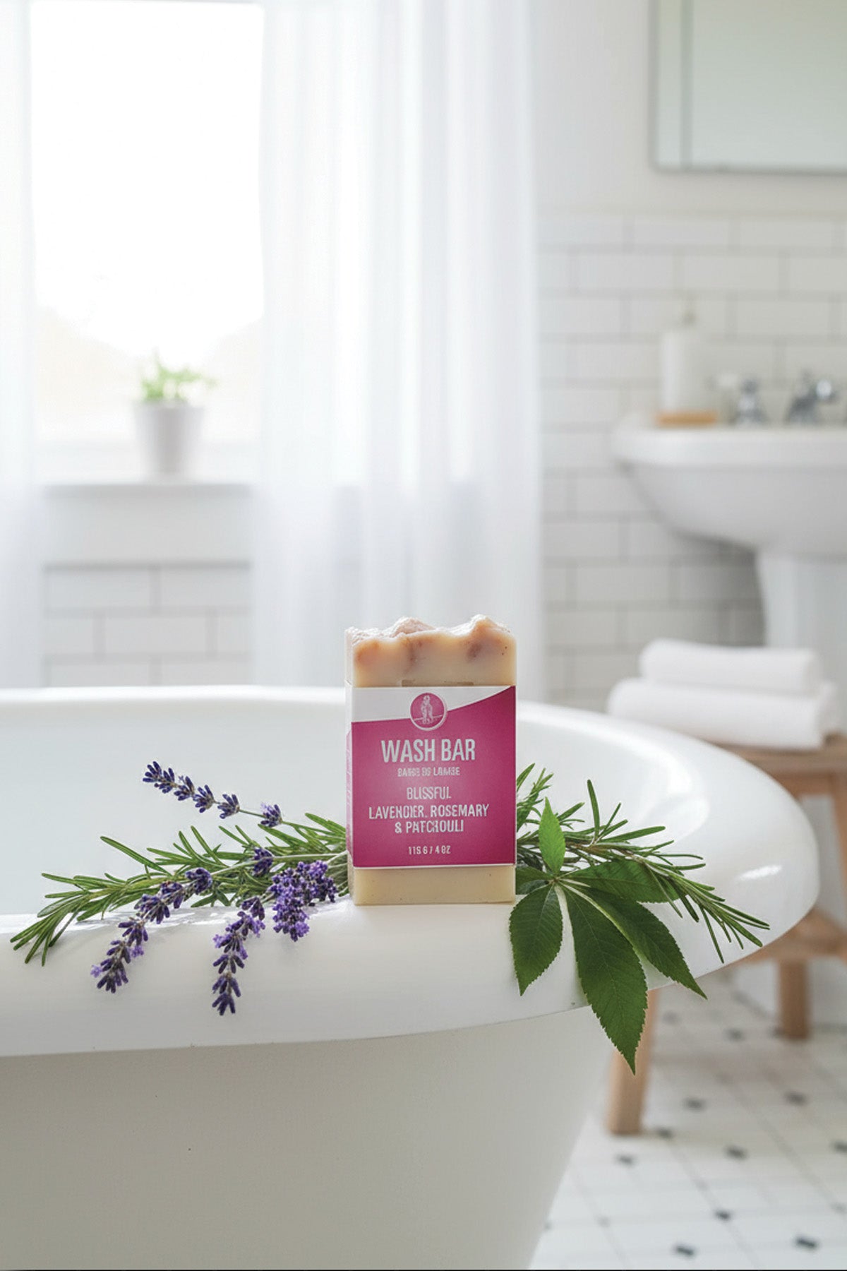 Bar of soap with a pink label on a white bathtub surrounded by lavender and rosemary leaves in a bathroom setting.