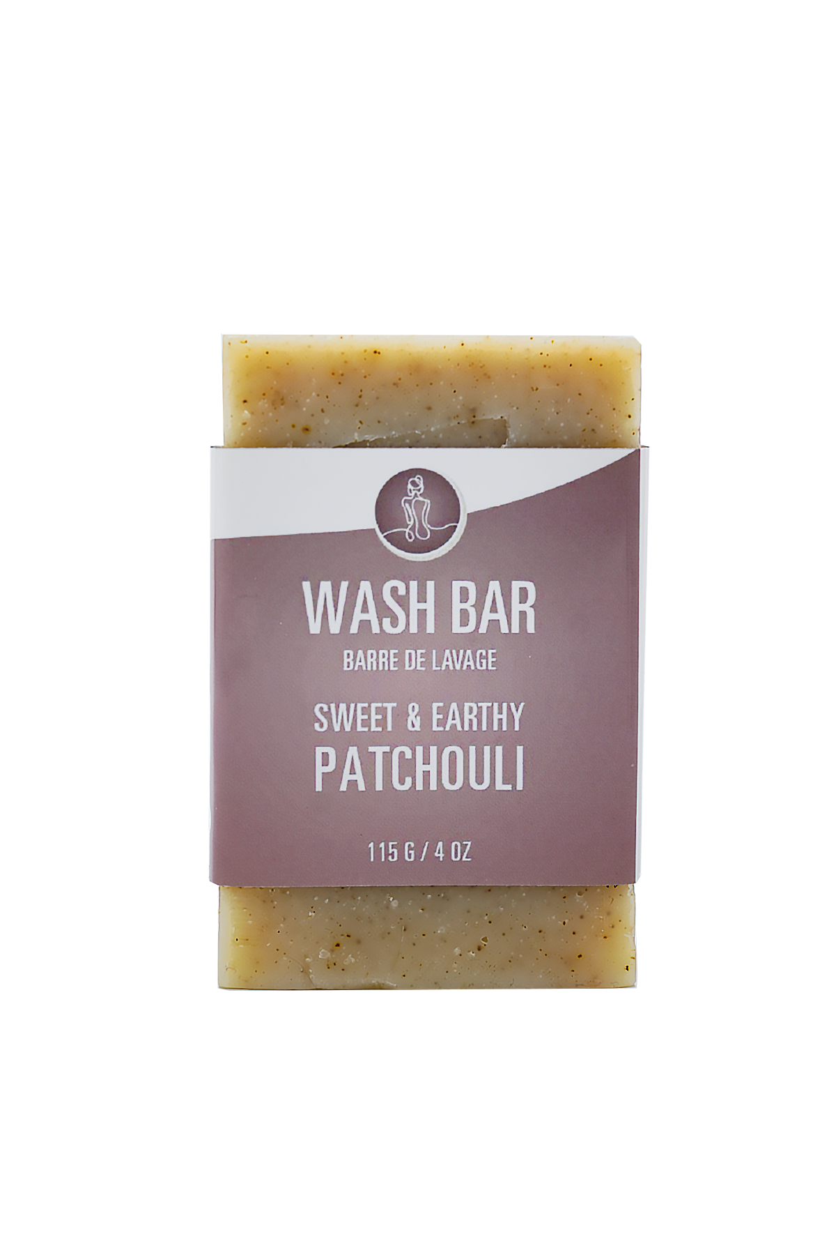 Wash bar with 'Sweet & Earthy Patchouli' label on a white background