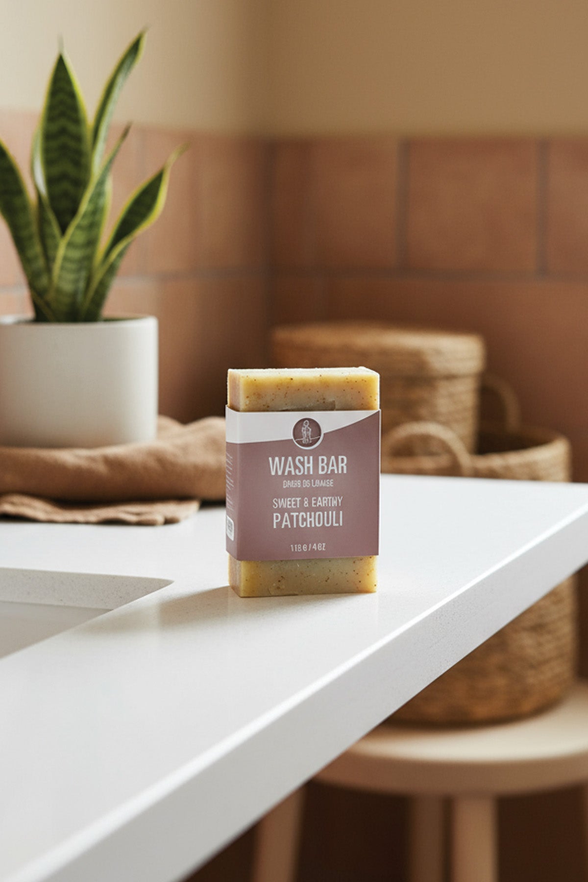 Wash bar with packaging on a white surface, plant and baskets in the background