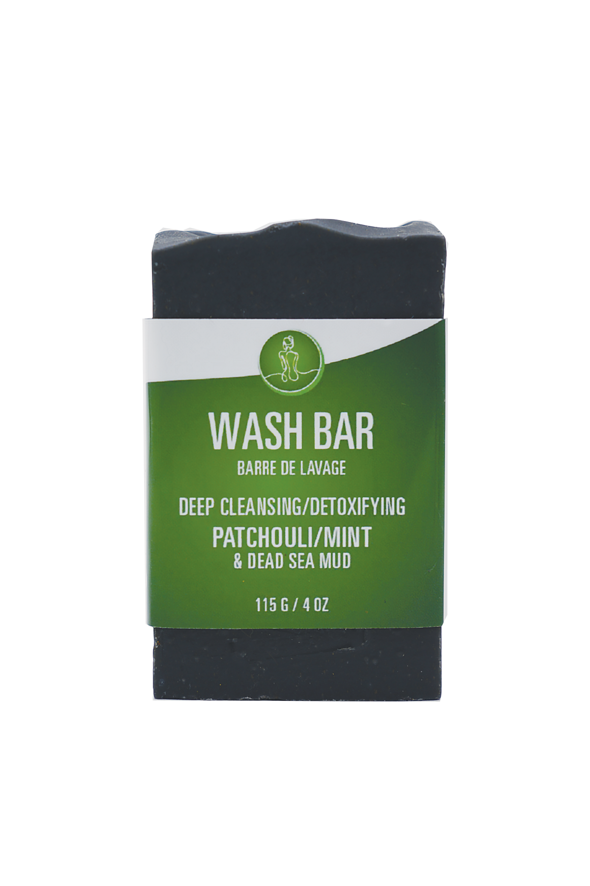 Wash bar with green and black packaging on a white background