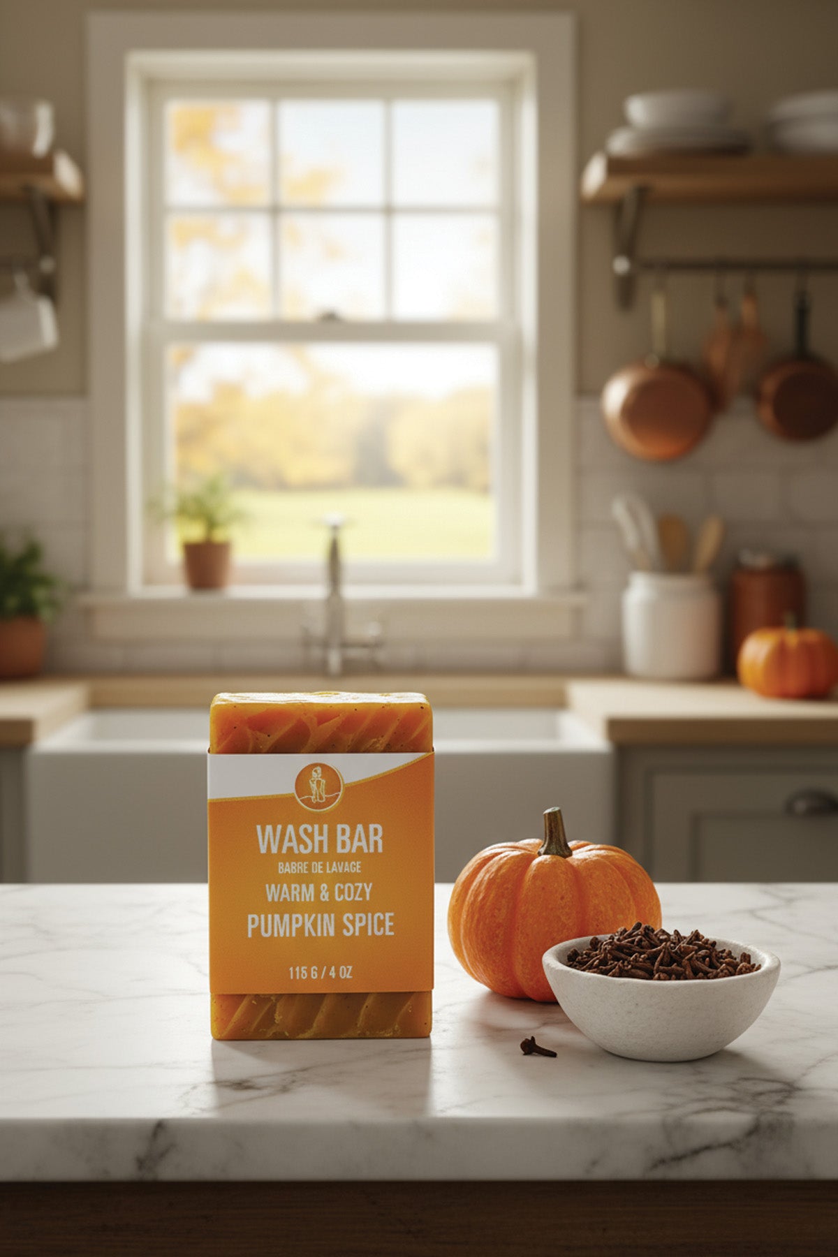 Wash bar packaging with pumpkin spice scent on a kitchen counter with pumpkins and a bowl of spices.